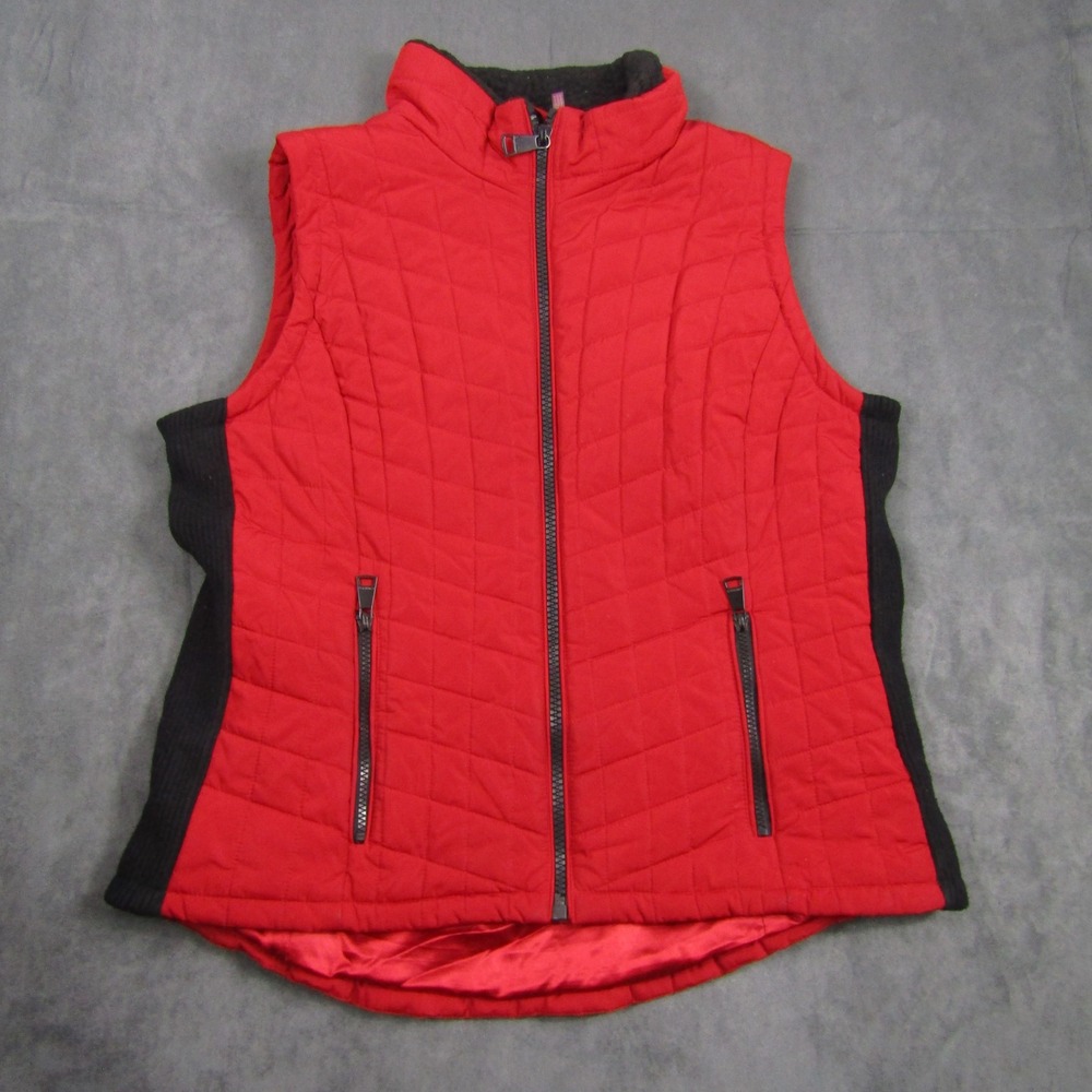Calvin Klein Quilted Vest Women Large Red Mock Neck Ribbed Side Zip Puffer 00574